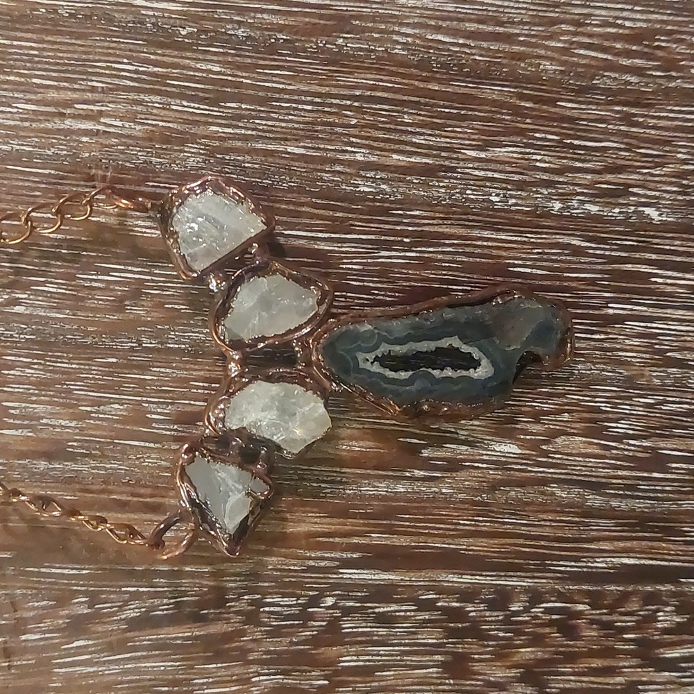 Black Agate Druzy and Raw Moonstone Electroform Copper Necklace - Picture 5 of 6